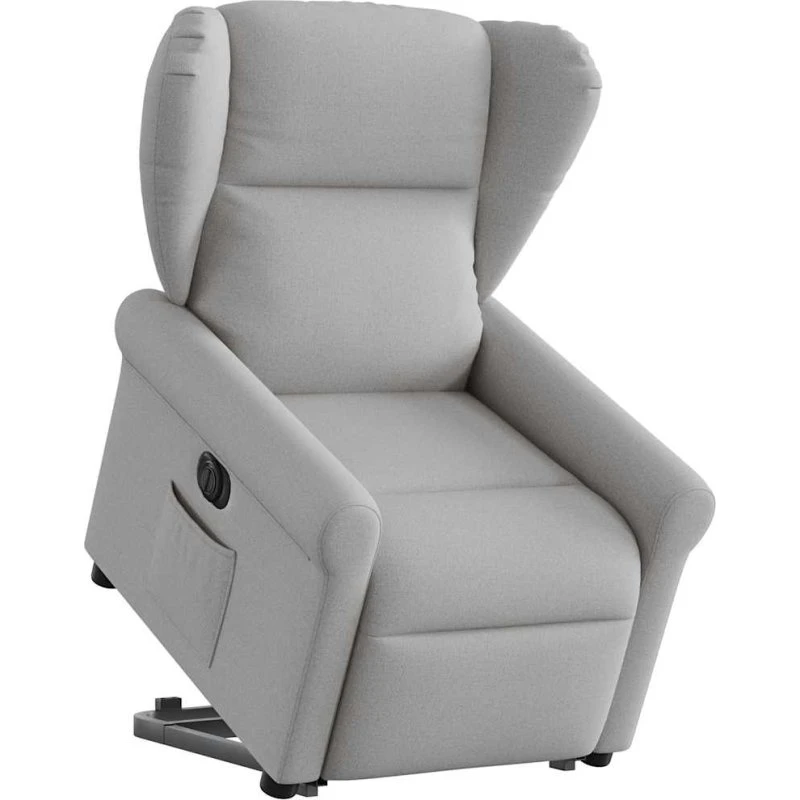 Eldrevet lænestol med løftefunktion i skygråt stof