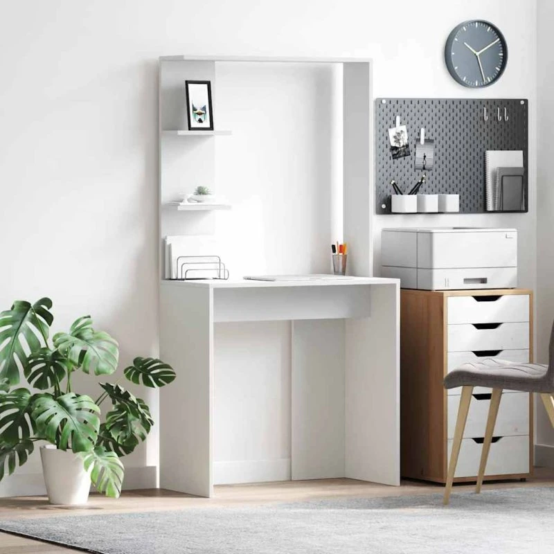 Skrivebord med hylde Hvid 78,5x37x154,5 cm – Konstrueret træ