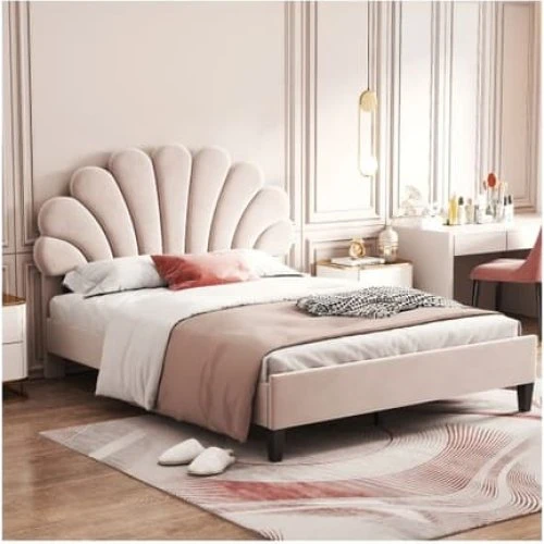 MUVOE Dobbeltseng 140x200 cm med blomster-hovedgærde i beige velour