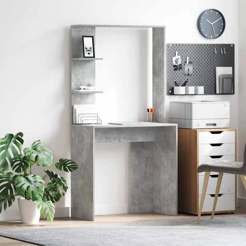 Skrivebord med hylde Betongrå 78,5x37x154,5 cm