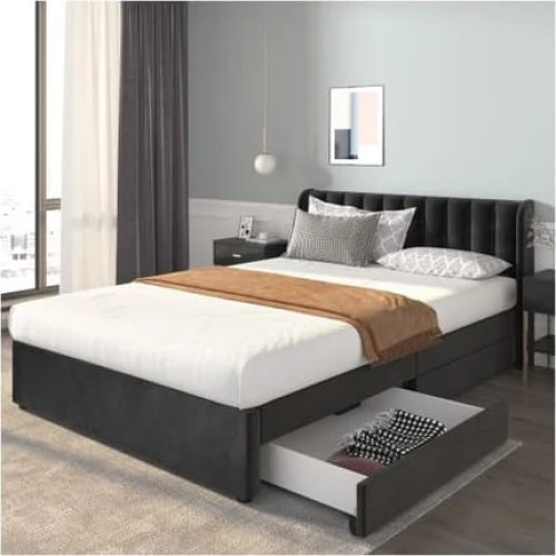 MUVOE Seng 140x200 cm - Sort Velour med Opbevaring
