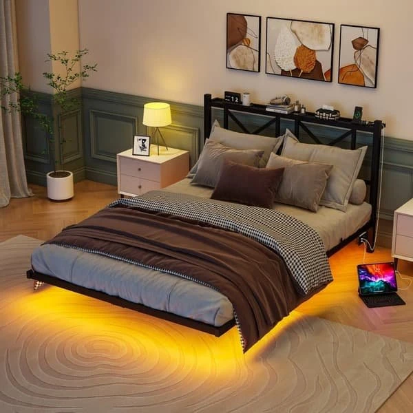 140x200 cm Flydende Metalseng med LED og Ladestation