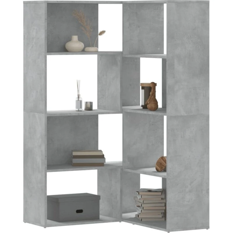 Hjørnebogreol 85x85x140 cm – 4 hylder, betongrå
