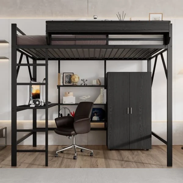 Loftseng i metal 140x200 cm med skrivebord og opbevaring - Sort