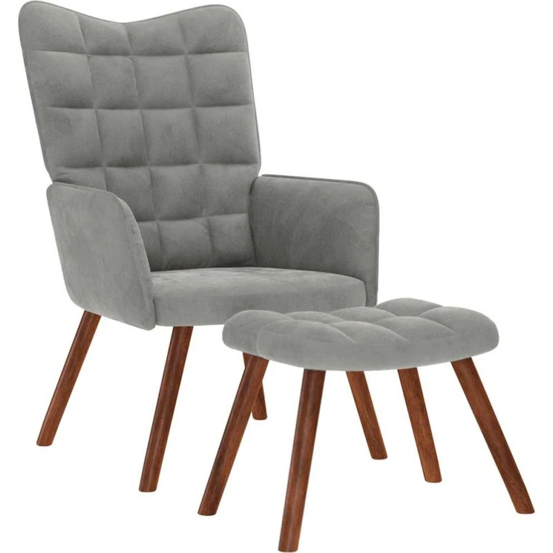 Afslappende lænestol med skammel i lysegrå fløjl