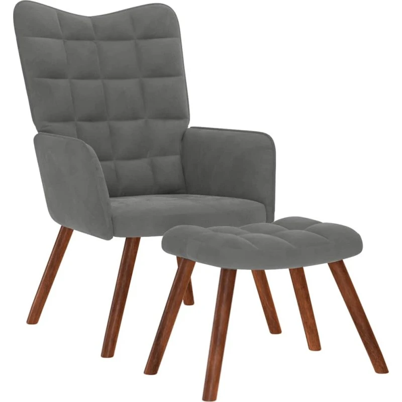 Mørkegrå fløjl afslapningsstol med skammel