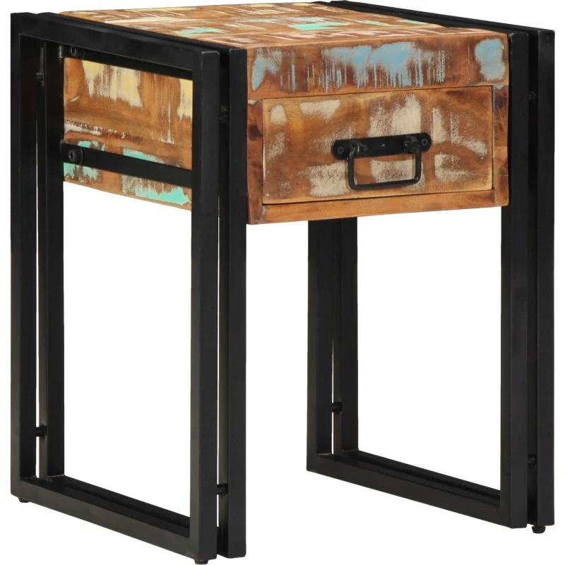 Endebord i genbrugstræ med mønster og sort metal 40x40x50 cm