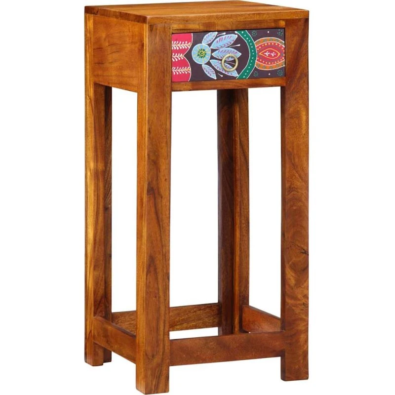 Rustikt blomster endebord med skuffe, brun 35x35x75 cm