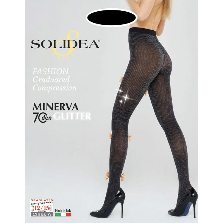 Solidea Minerva Glitter Tights 70Den 12-15mmHg Sort/Sølv