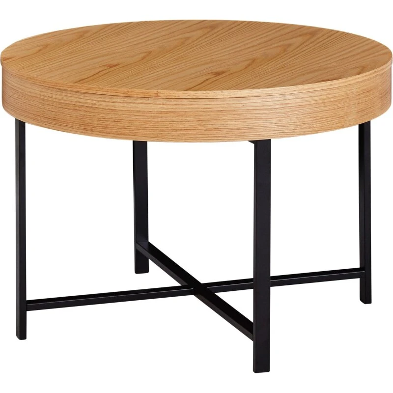 Sofabord i egetræ med sorte metalben Ø69×H49 cm