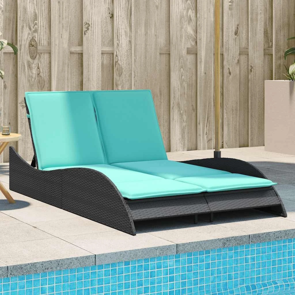 vidaXL Liggestol med hynder, sort polyrattan, 114x205x73 cm