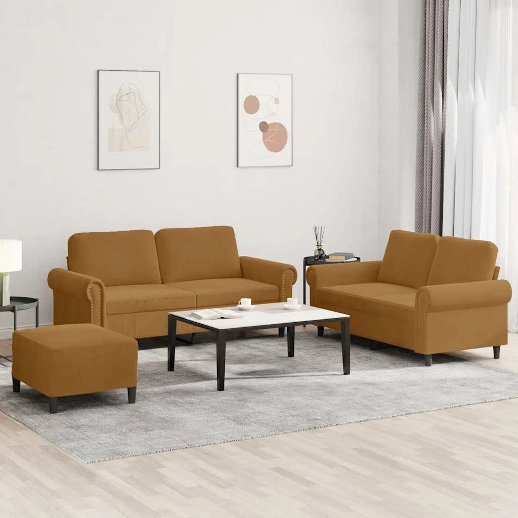 vidaXL Sofasæt 3 dele i brun velour med fodskammel