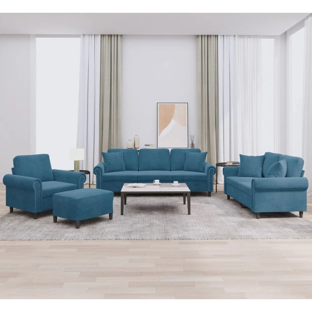 vidaXL Sofasæt 4 dele i blå velour med puder