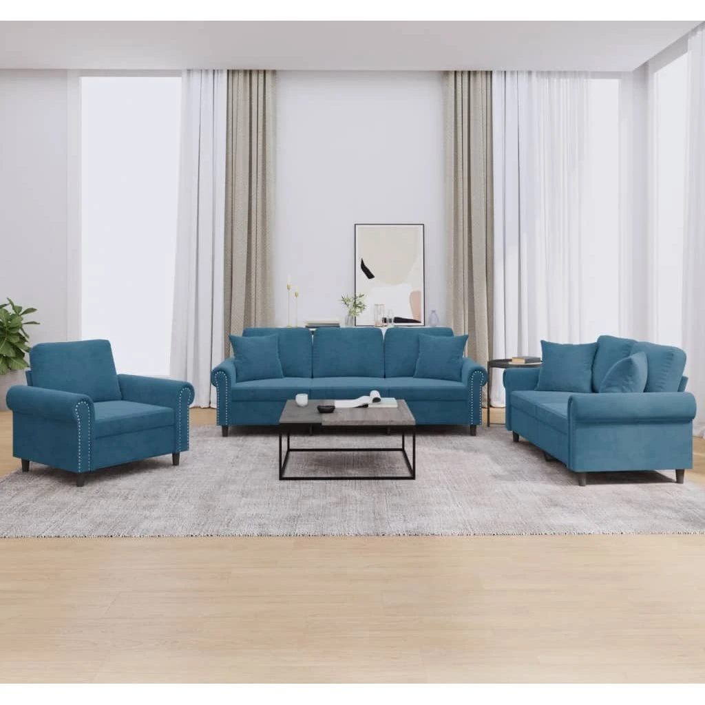 vidaXL Sofasæt 3 dele i blå velour med puder