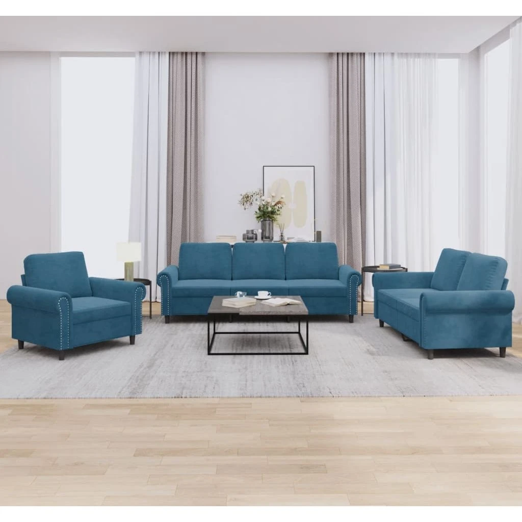 vidaXL Sofasæt 3 dele i blå velour med hynder
