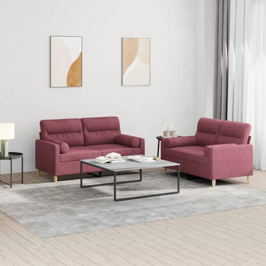 vidaXL Sofasæt 2 dele i vinrødt stof med puder