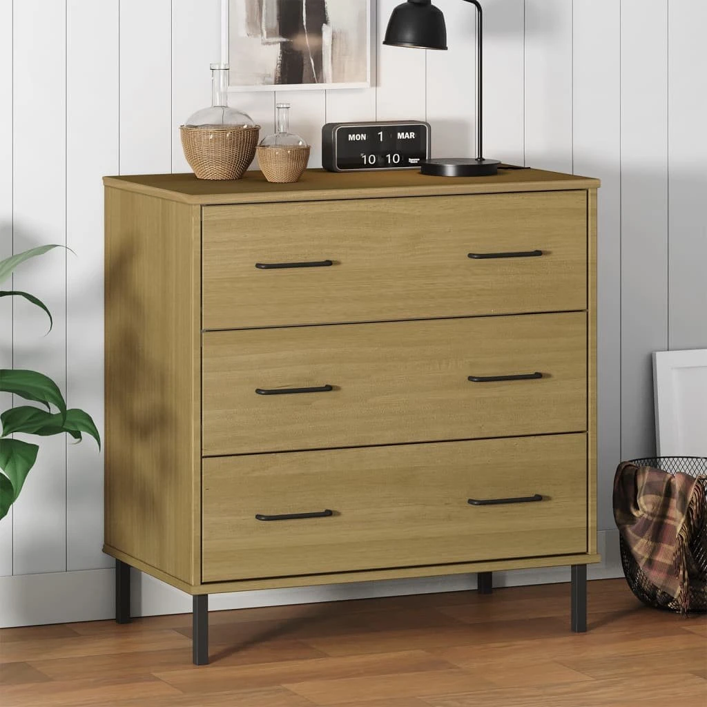 vidaXL OSLO skænk i massivt fyrretræ med 3 skuffer, brun, 77x40x79,5 cm