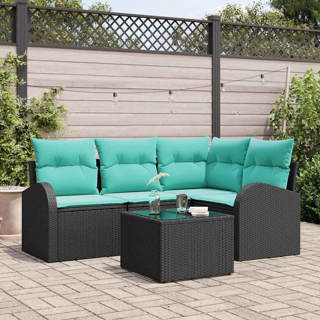 vidaXL Havesofasæt 5 dele i sort og turkis polyrattan