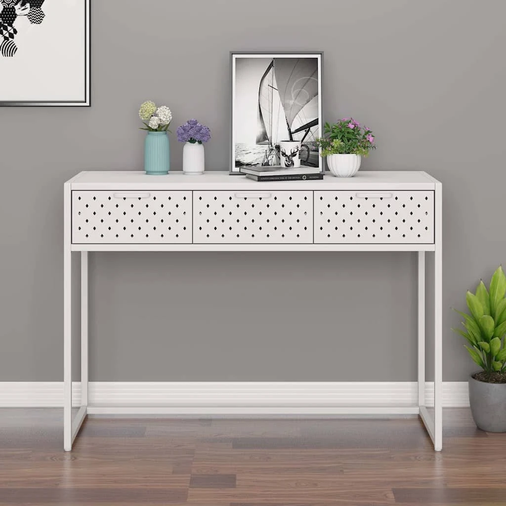 vidaXL Konsolbord i stål med 3 skuffer, hvid, 106x35x75 cm