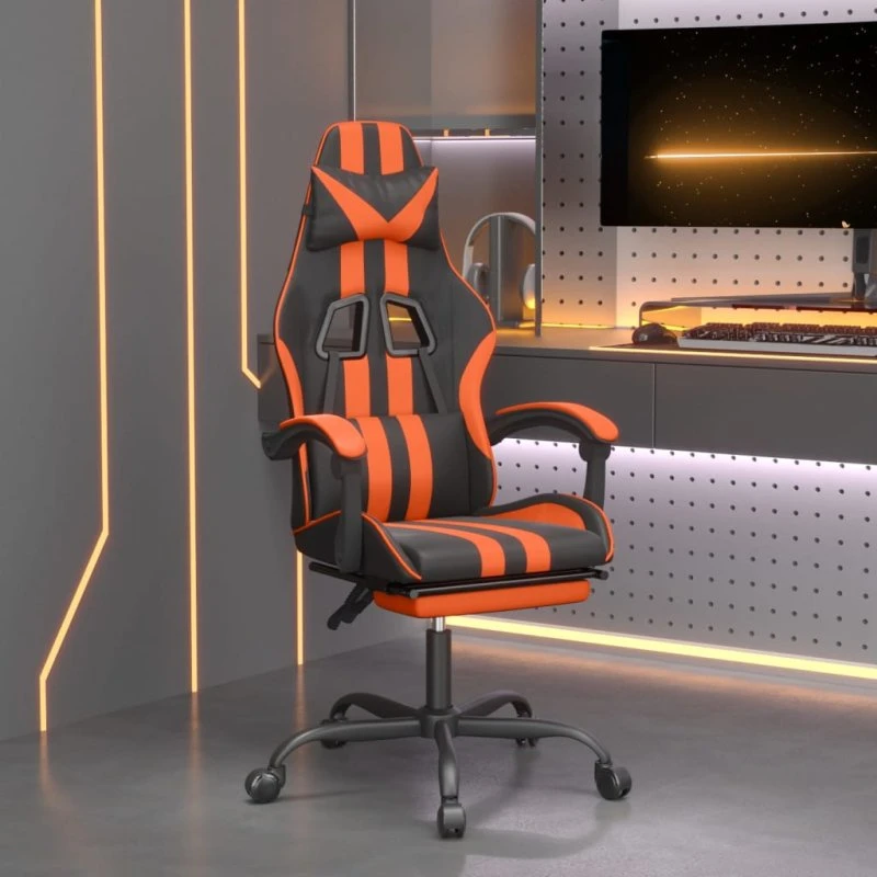 Drejelig gamingstol med fodstøtte i kunstlæder – sort/orange