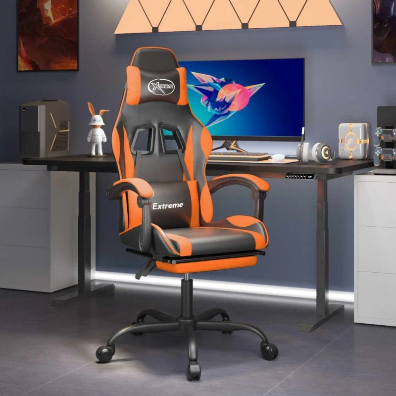 Drejelig gamingstol med fodstøtte i kunstlæder, sort/orange