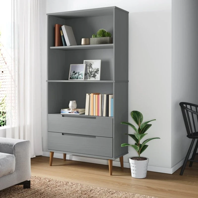 Bogreol MOLDE 85x35x170,5 cm – massiv fyrretræ, grå