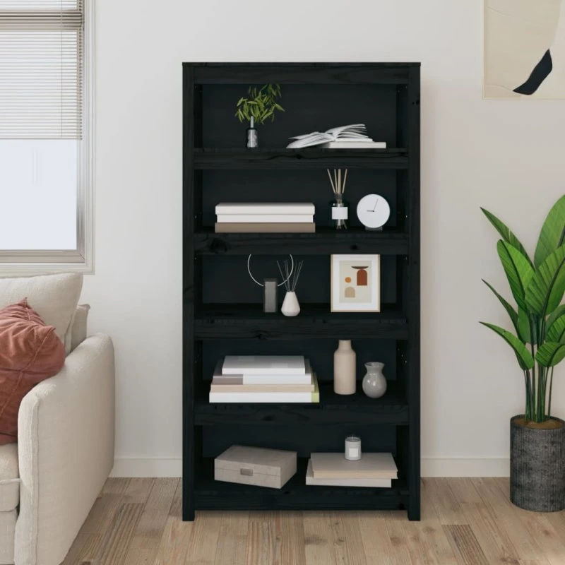 Bogreol i massivt fyrretræ 80x35x154 cm, sort