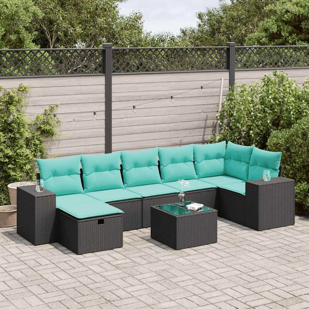 vidaXL Havesofasæt 8 dele i polyrattan med blå hynder, sort