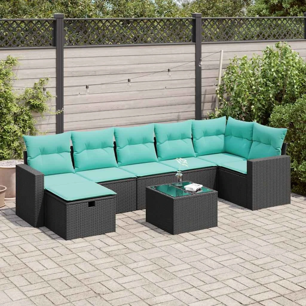 vidaXL havesofasæt 8 dele i sort polyrattan med blå hynder