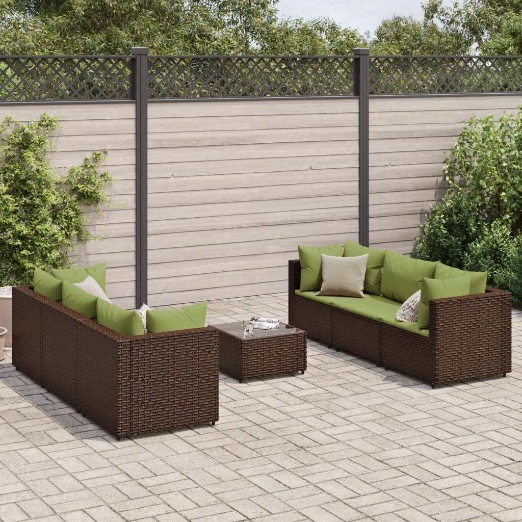 vidaXL loungesæt 7 dele i brun polyrattan med grønne hynder