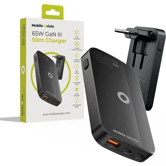 Mobile Origin 65W GaN III Slim Charger - Dual USB-C & USB-A, Sort