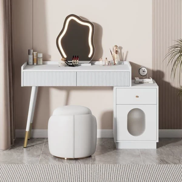 Hvidt toiletbord med LED-spejl og 3 skuffer – 100x40x75 cm