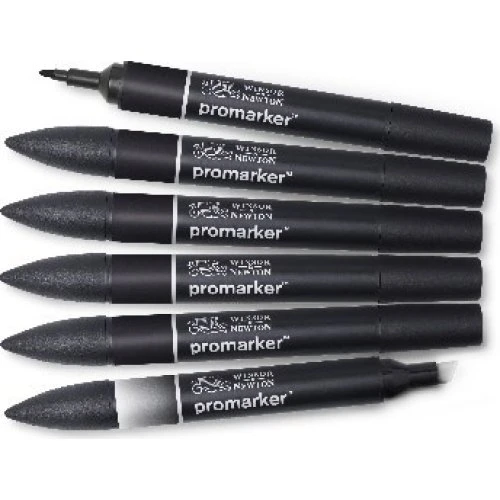 Winsor & Newton Promarker sæt, 6 stk. (5x sort + 1x blender)