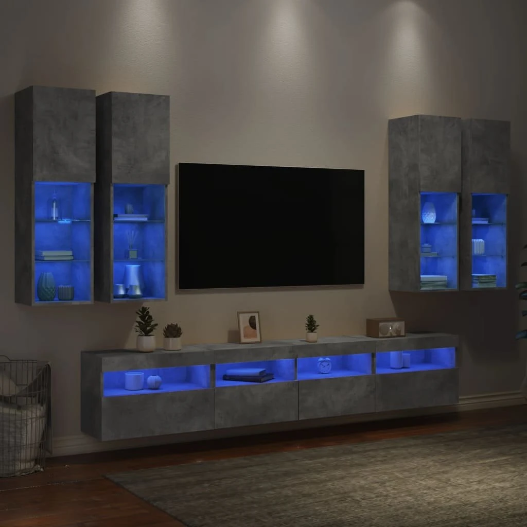 vidaXL væghængt tv-møbel 7 dele med LED-lys, betongrå