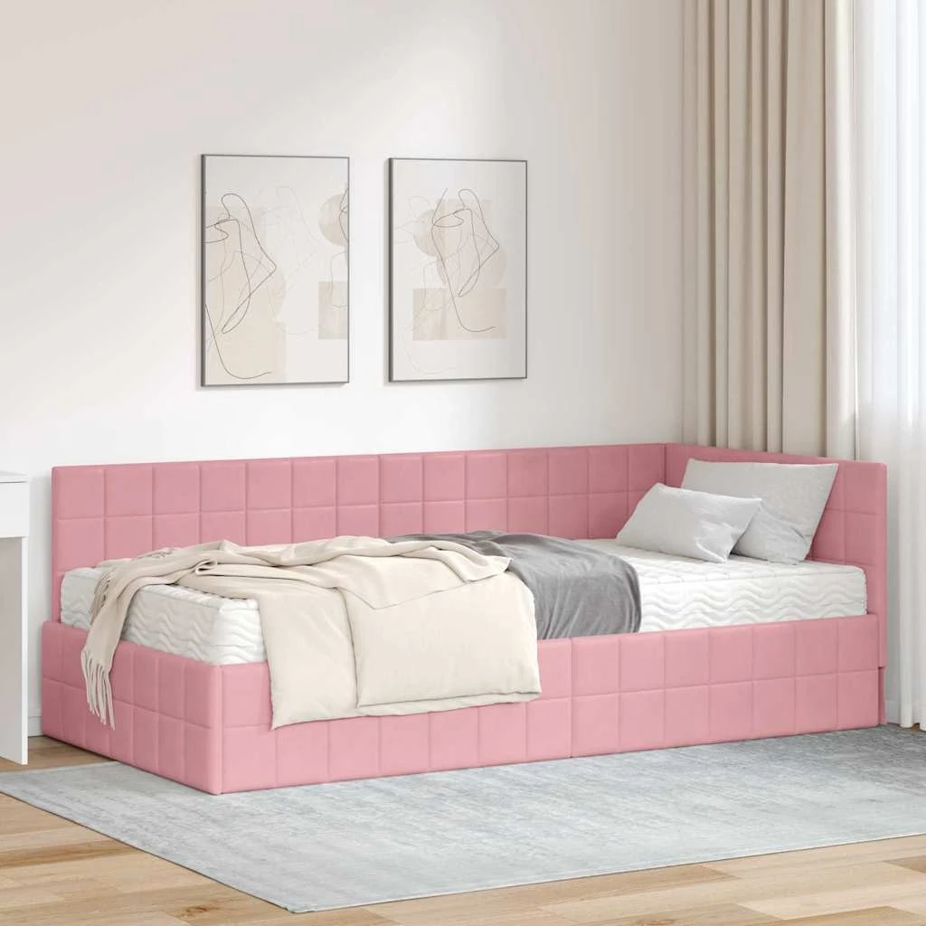 vidaXL Hjørnesengramme med madras 100x200 cm Lyserød Fløjl