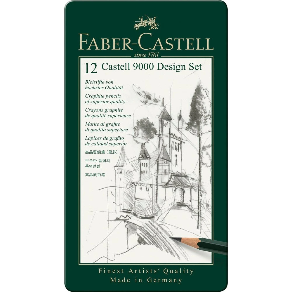 Faber-Castell Castell 9000 blyantsæt, 12 stk. (5B-5H) i metaldåse