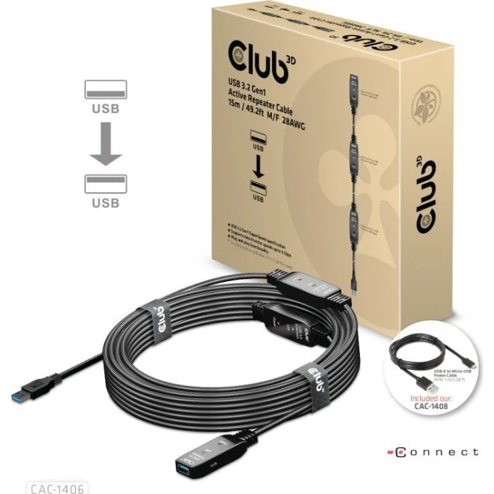 Club 3D USB 3.2 Gen1 Aktiv Forlængerkabel 15m Sort