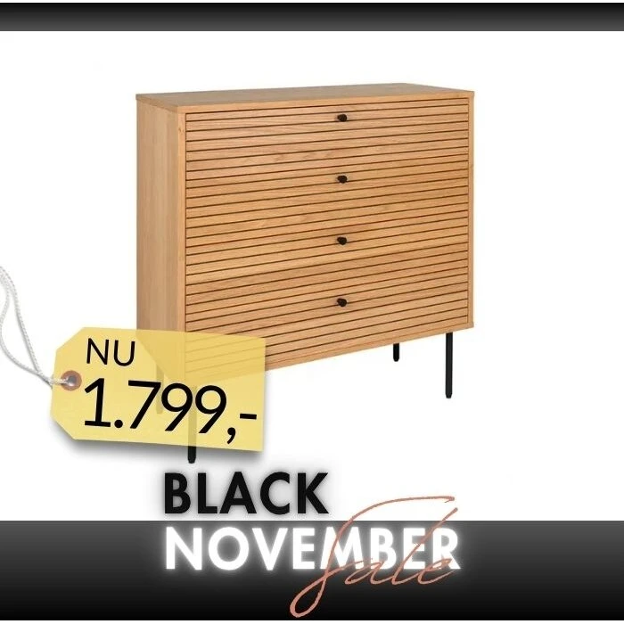 Kyoto Kommode 4 skuffer, egefiner natur & sorte metalben, 80x40x85 cm
