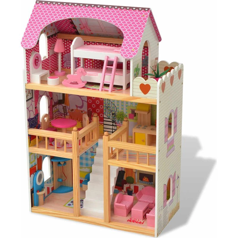 3-etagers dukkehus i træ 60x30x90 cm med møbler