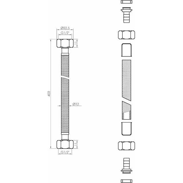 Sort nylonflettet slange 1/2" x 1/2", 40 cm