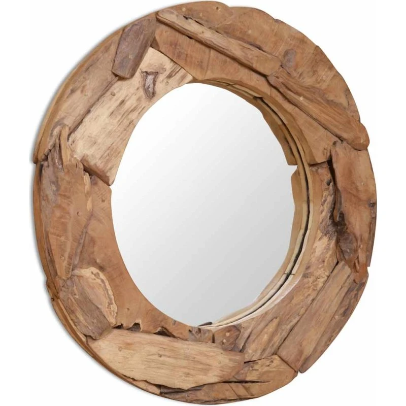 Dekorativt rundt spejl i massivt teak 80 cm