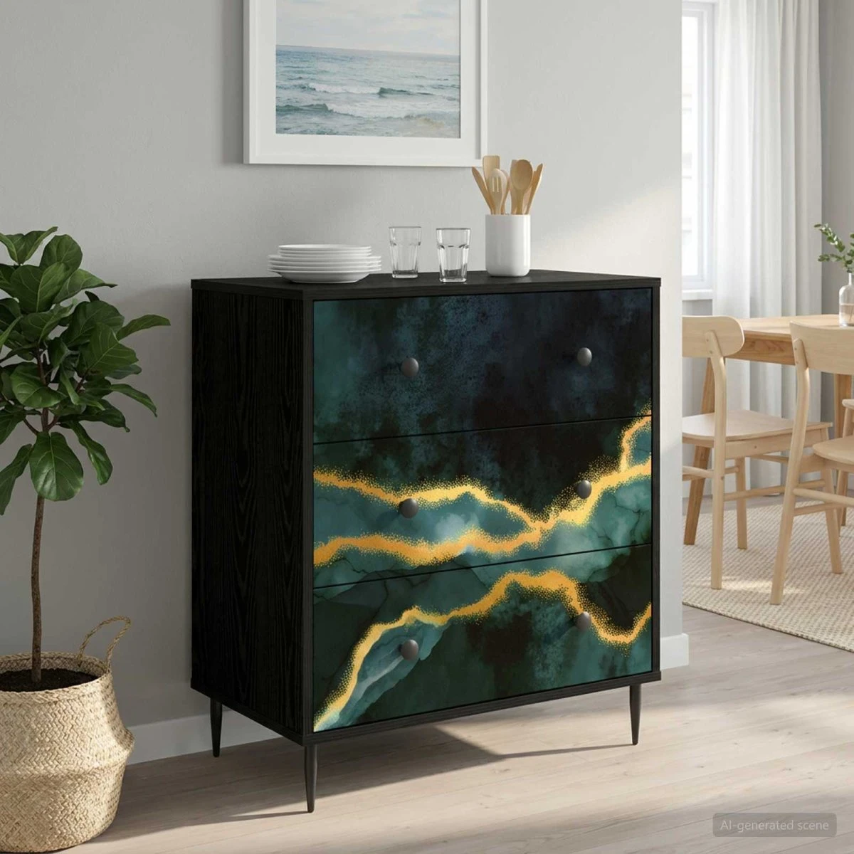 vidaXL WIJHE Skuffeskab Teal Marmorprint Sort Eg 66x36,5x76 cm