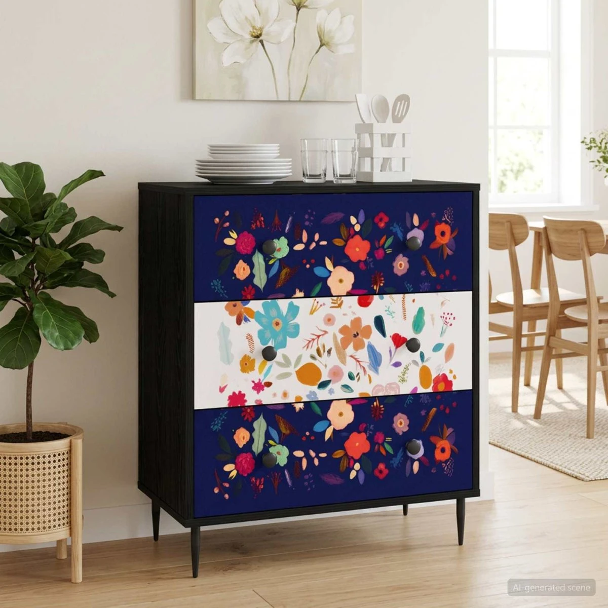 vidaXL Skuffeskab MAINZ Blomsterprint Sort Eg 66 x 36,5 x 76 cm