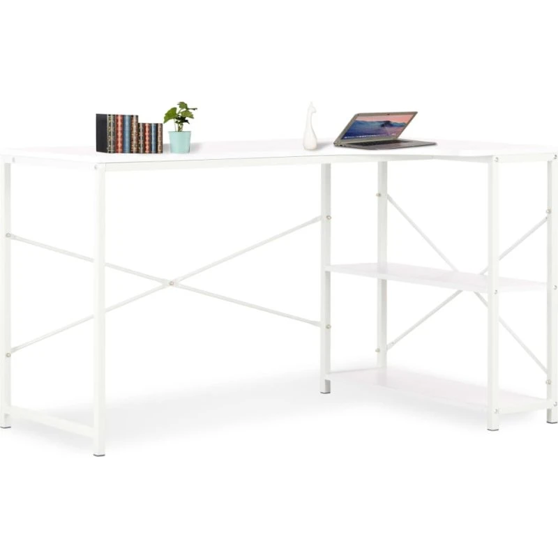 Hvidt computerbord 120x72x70 cm – L-formet med hylder