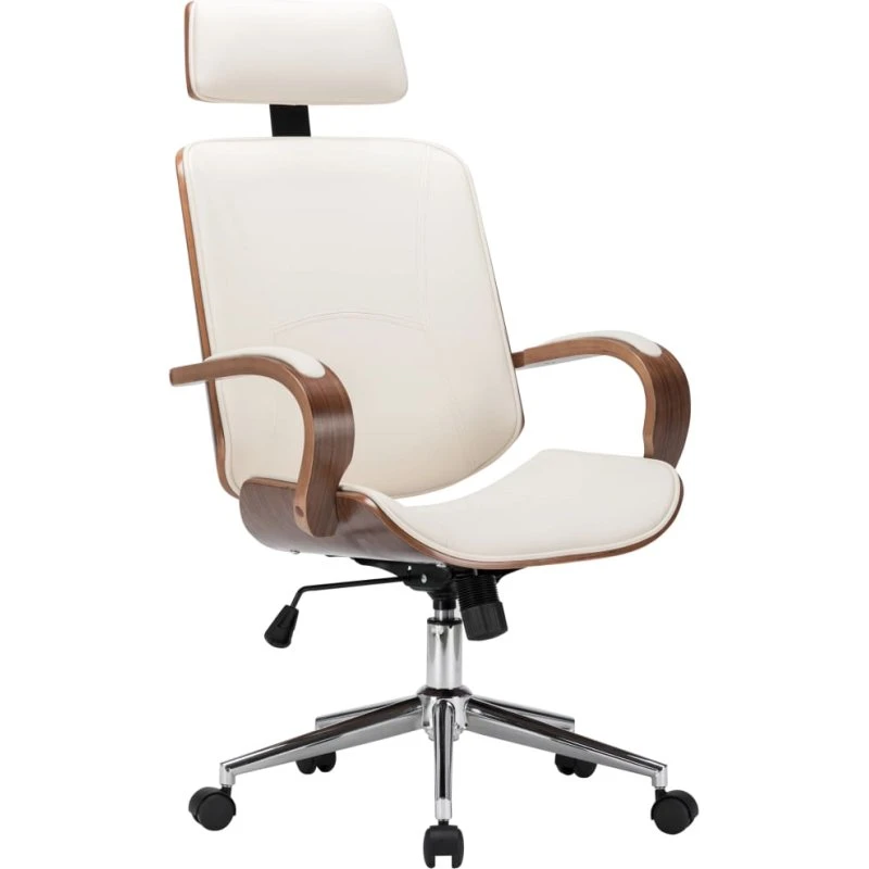 Drejelig kontorstol med nakkestøtte i creme kunstlæder