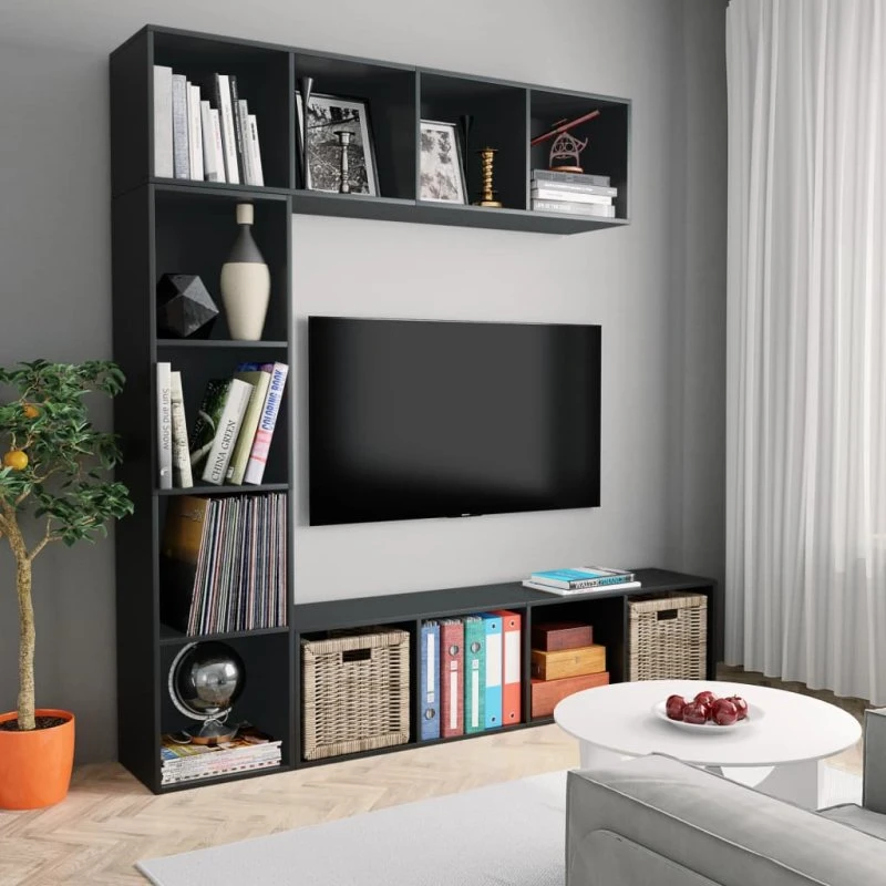 3-dele bogreol & TV-møbel 180x30x180 cm – Sort