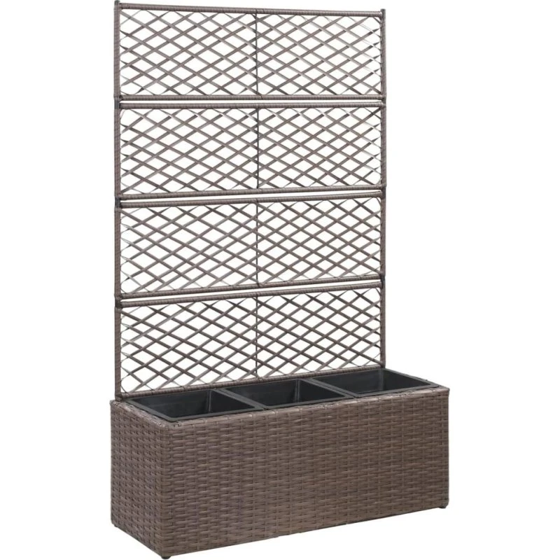 Espalier med plantekasse og 3 krukker polyrattan 83x30x130 cm