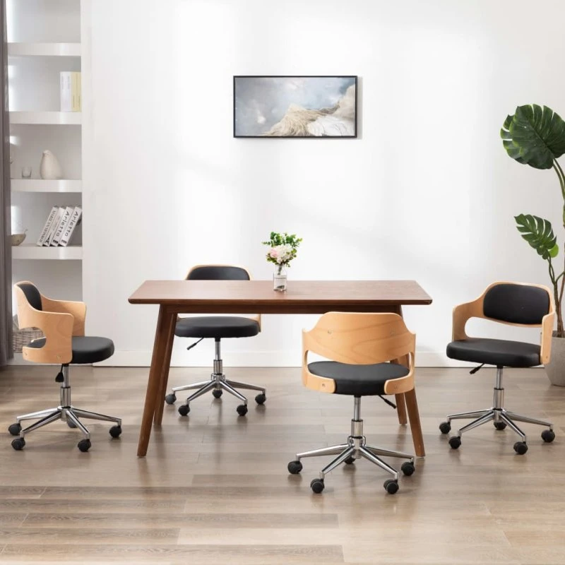 Drejelige spisebordsstole 4 stk. sort – bøjet træ & kunstlæder