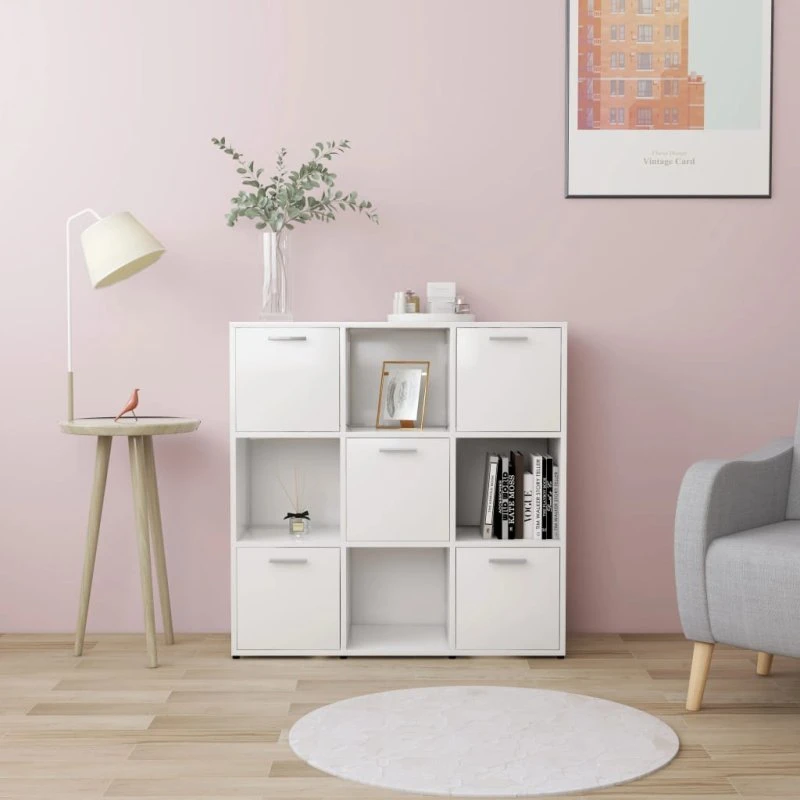 Bogreol 90x30x90 cm, 9 rum hvid – konstrueret træ