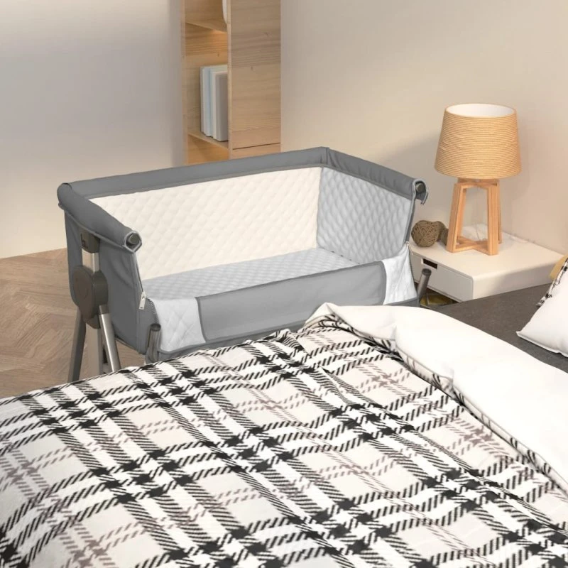 Babyseng med madras i linned, mørkegrå – bedside